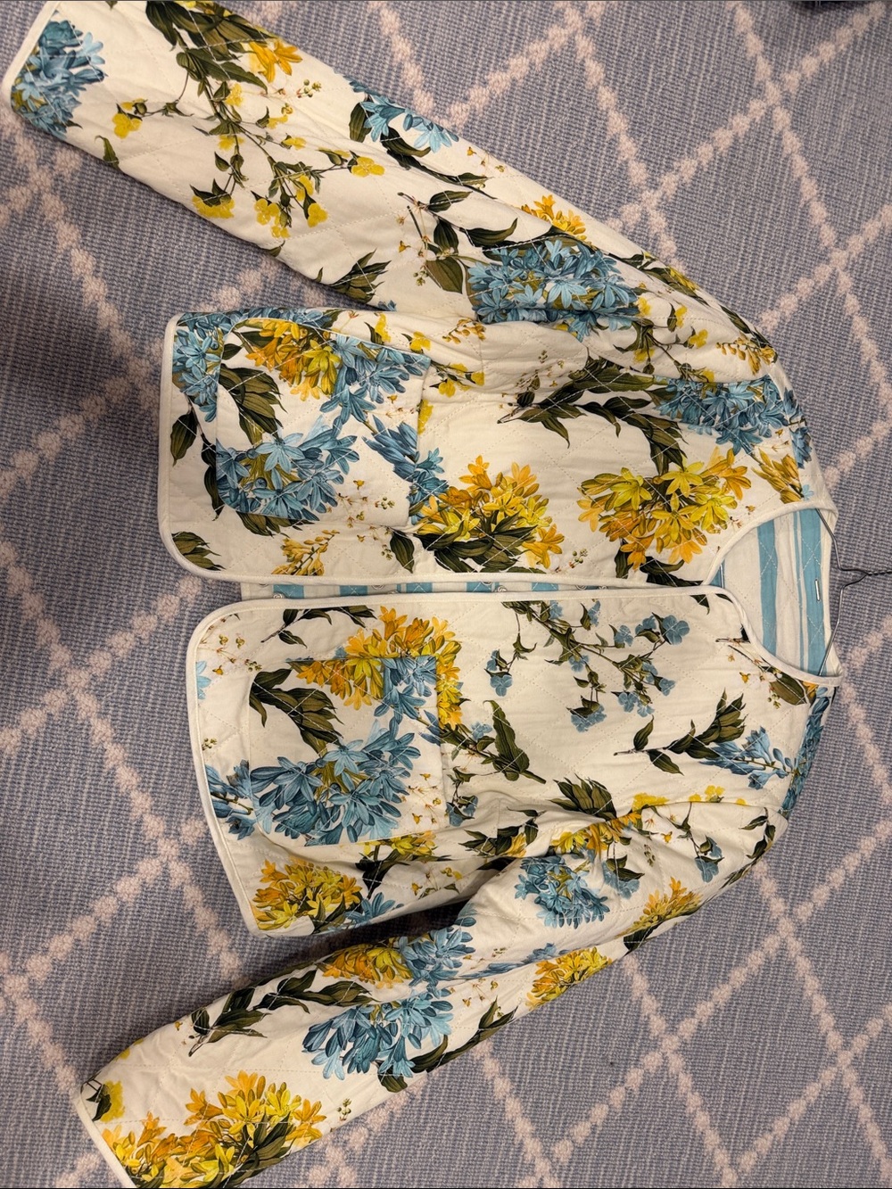 Quilted Floral Blazer in White with Blue & Yellow Blooms